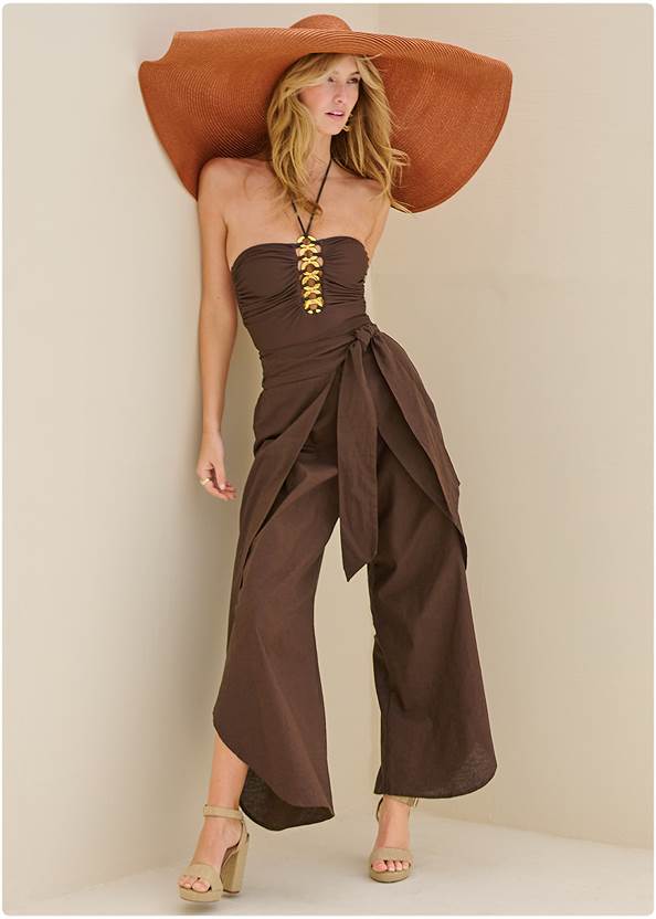 Bold One-Piece,Roman Cover-Up Beach Dress,Wrap Front Wide Leg Linen Pants,Butterfly Cover-Up Dress