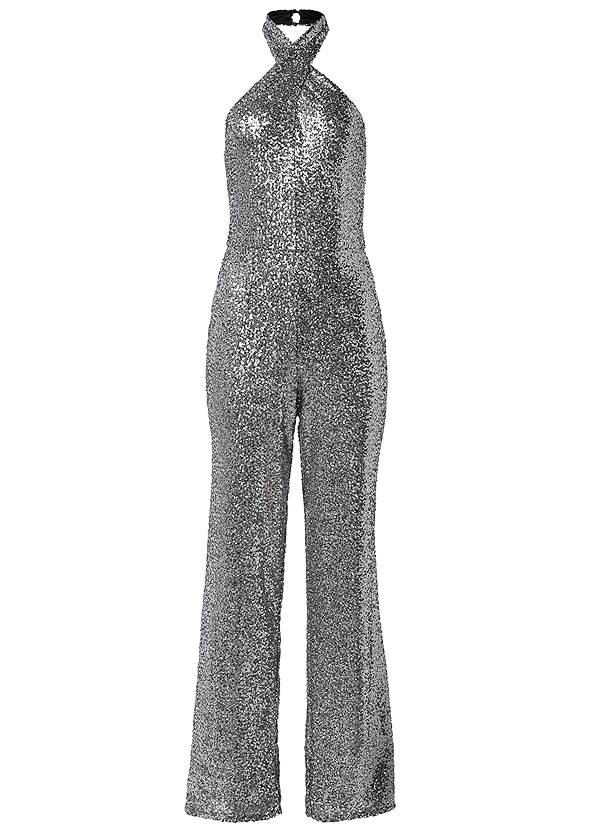 Ghost with background  view Cross Neck Sequin Jumpsuit