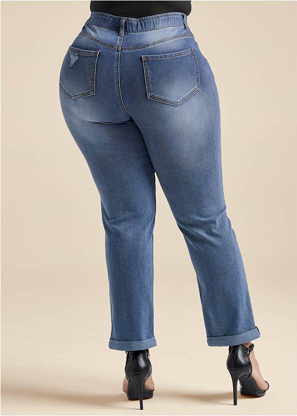 Back View Elastic Waistband Cuffed Jeans