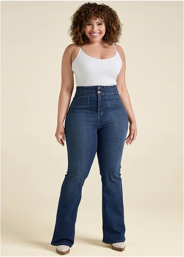 Pintuck Semi-Flare Jeans,Basic Cami Two Pack,Pointy Toe Lace-Up Booties,Stone/Tassel Hoop Earrings