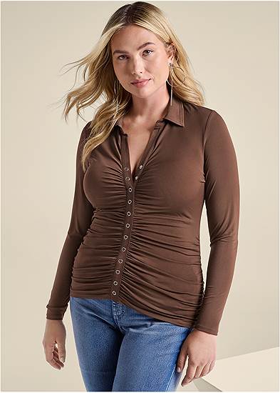 Plus Size Snap Front Collared Top