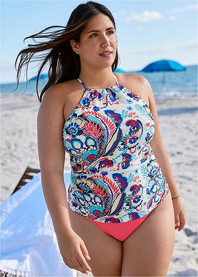 Plus Size Ruched Side Halter Tankini Top