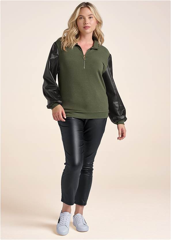 Full Front View Faux-Leather Zip Sweatshirt