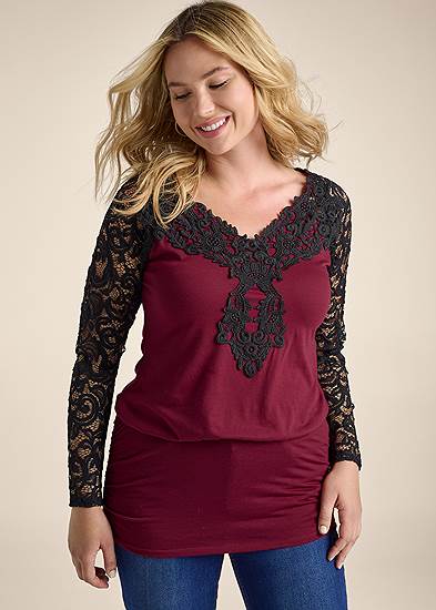 Plus Size Lace Detail Ruched Top