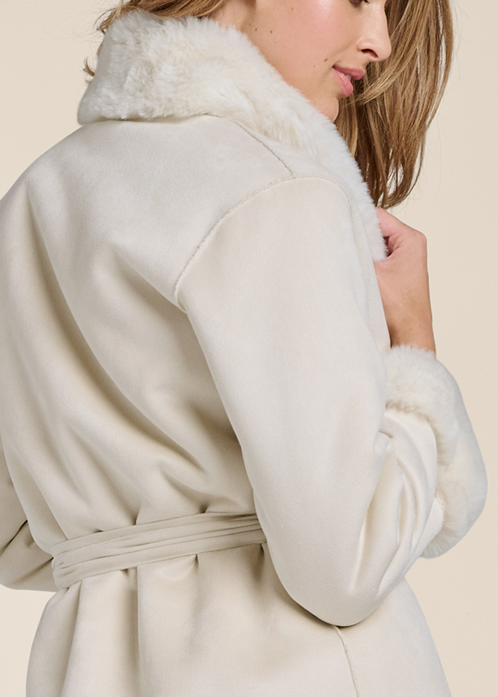 FAUX-FUR TRIM COAT in Off White | VENUS