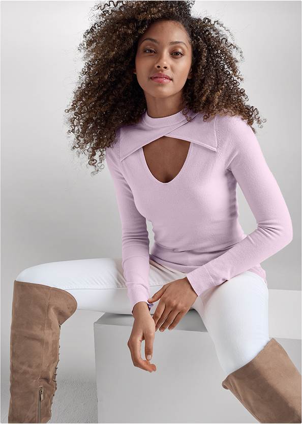 Cropped Front View Faux Cashmere Keyhole Sweater
