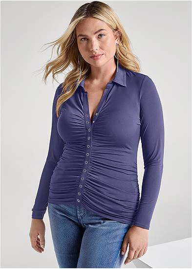 Plus Size Snap Front Collared Top