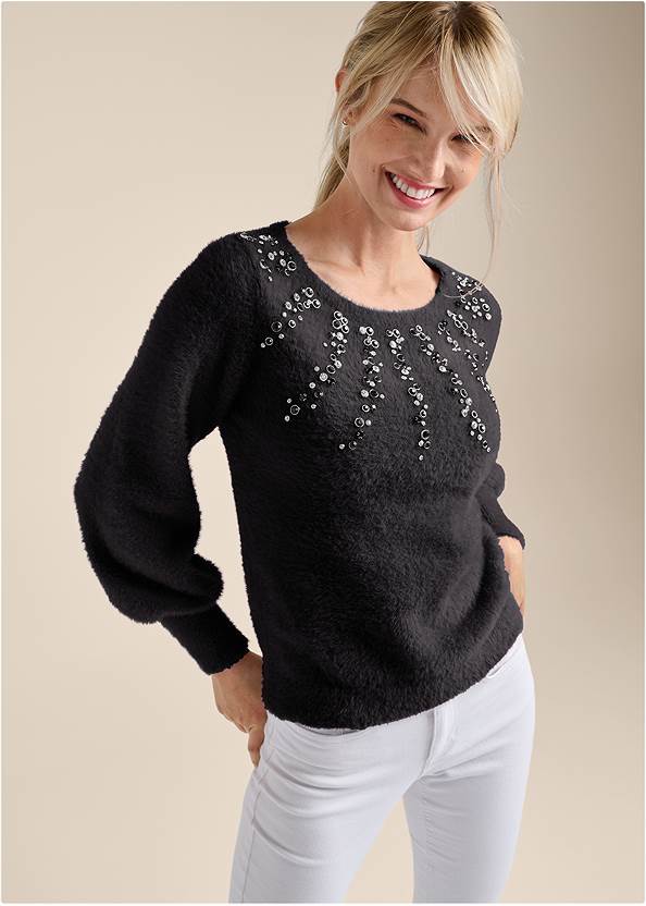 Cropped Front View Jeweled Feather-Soft Sweater