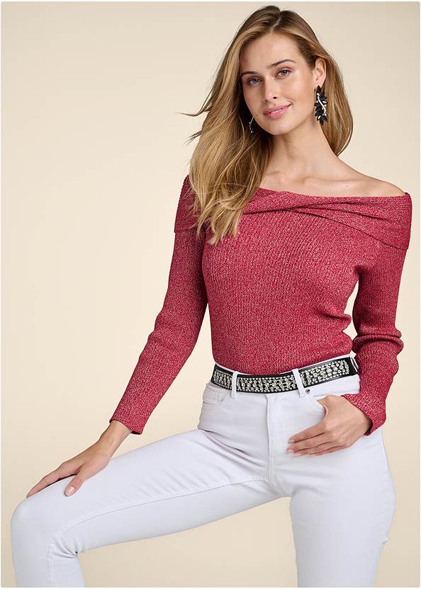 Off-The-Shoulder Shimmer Sweater,Slim Jeans,Embellished Ivy Earrings,Embellished Twist Heels,Embellished Waist Belt