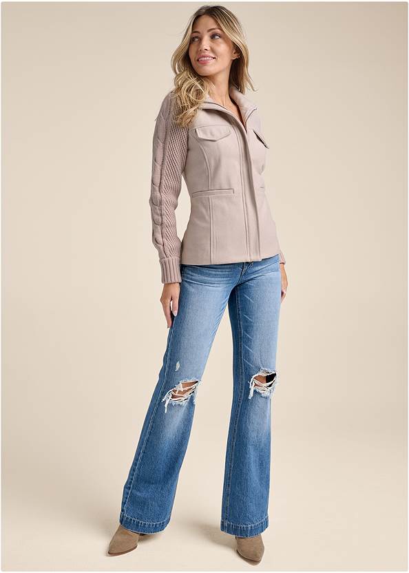 Sweater-Sleeve Zip Jacket,Basic Cami Two Pack,New Vintage Wide Leg Jeans,Western Block Heel Booties,Mixed Earring Set,Sherpa Faux-Leather Bag