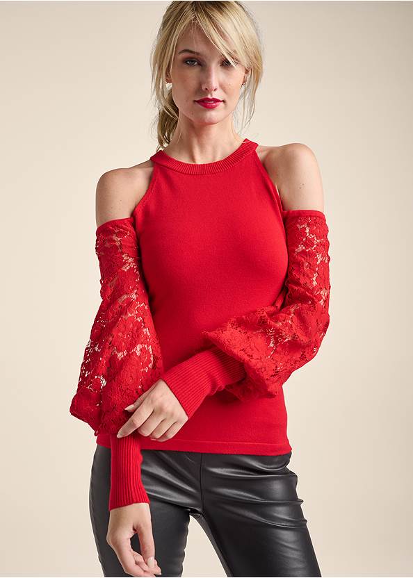 Cold-Shoulder Lace Sweater,Embellished Twist Heels