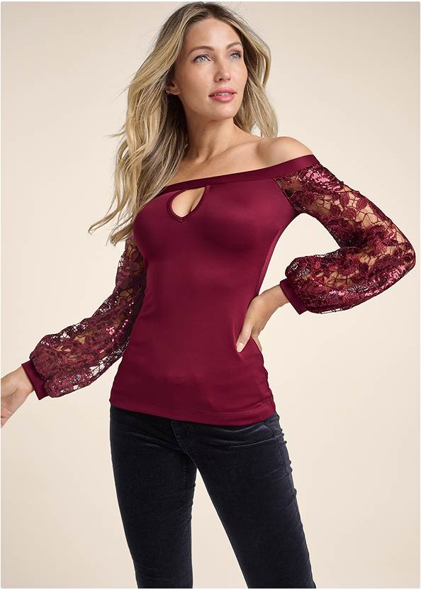 Front View Embellished Lace Sleeve Top