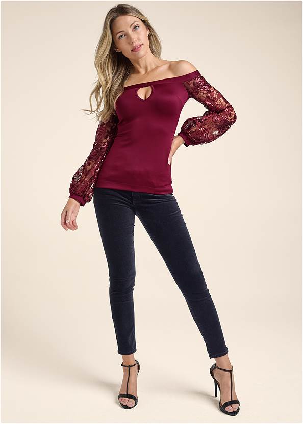 Alternate View Embellished Lace Sleeve Top