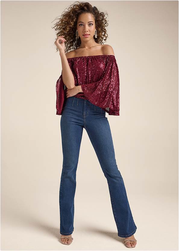 Full Front View Off-The-Shoulder Sequin Top