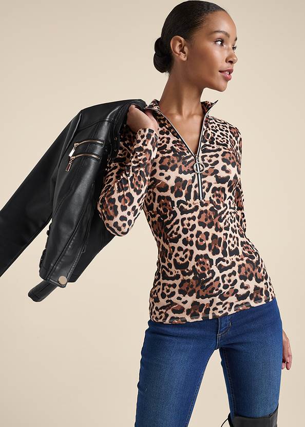 Animal Print Half Zip Top,Slim Jeans,Faux-Leather Lace-Up Jacket,Lace-Up Back Detail Boots