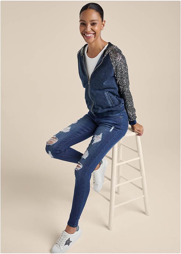 Washed Sequin Lounge Jacket,Washed Sequin Lounge Jogger,Ripped Skinny Jeans,Hi-Def High-Neck Bodysuit,Lace-Up Star Sneakers