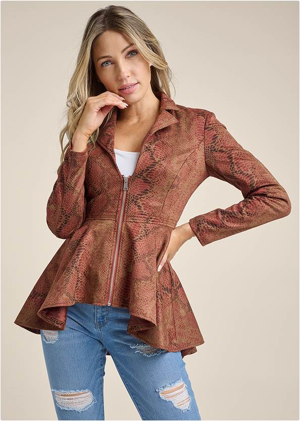 Cropped Front View Faux-Suede High-Low Jacket