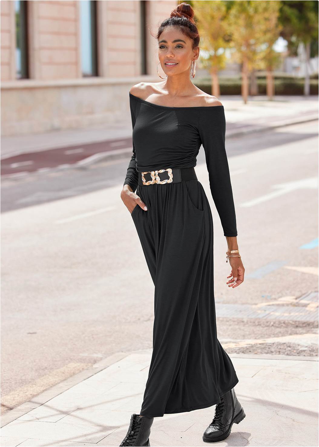 Off The Shoulder Maxi Dress in Black | VENUS