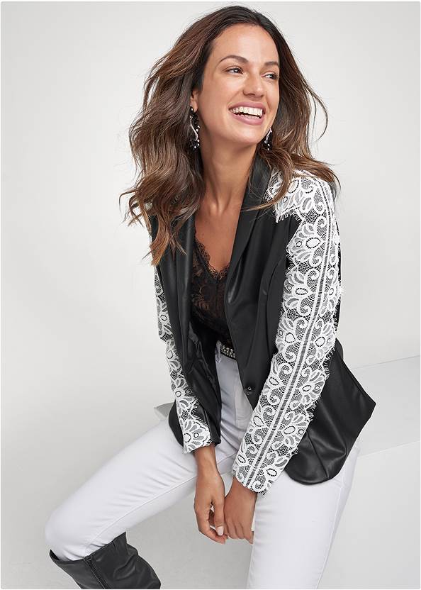 Faux-Leather And Lace Blazer,Lace Inset V-Neck Top,Cold-Shoulder Lace Top,Slim Jeans,Slouchy High Heel Bow Boots,Lace-Up Back Detail Boots,Slouchy Pointed Toe Booties,Hoop Earrings,Quilted Chain Handbag