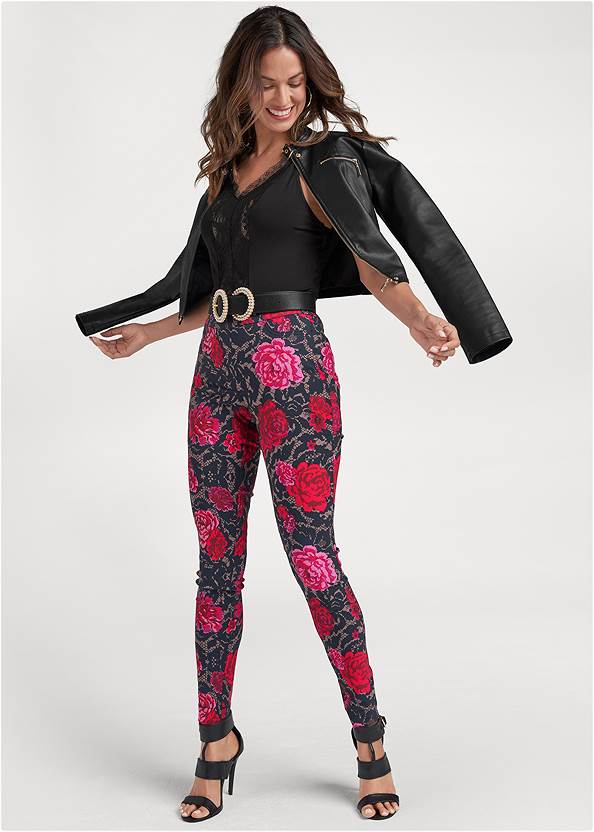 Mid-Rise Slimming Stretch Jeggings,Faux-Leather Lace-Up Jacket,Multi Strap Open Toe Heels,Mixed Earring Set,Pearl Double Buckle Belt