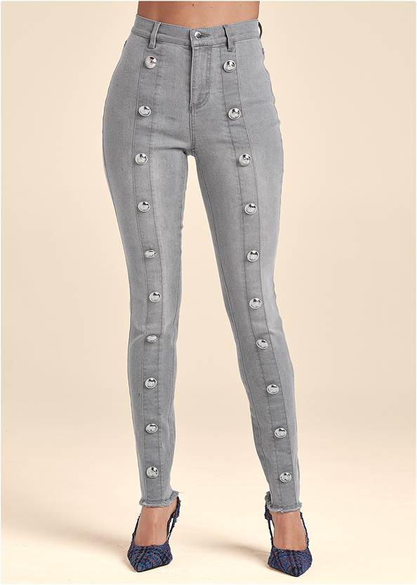 Waist down front view Button Detail Skinny Jeans
