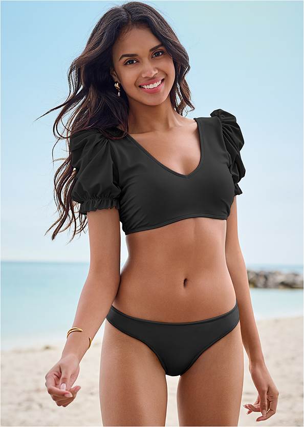 Puff Sleeve Top,Classic Low-Rise Bottom ,Classic Scoop Front Bottom ,Goddess Scoop Front Bottom,Sally Mid-Rise Bottom,Halter Enhancer Top,Butter Soft Pull-On Shorts,Packable Straw Hat