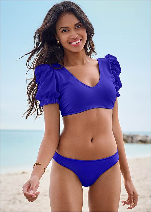 Puff Sleeve Top,Classic Low-Rise Bottom ,Classic Scoop Front Bottom ,Lattice Side Bottom,Sally Mid-Rise Bottom,Lovely Lift Wrap Bikini Top,Hoodie Cover-Up