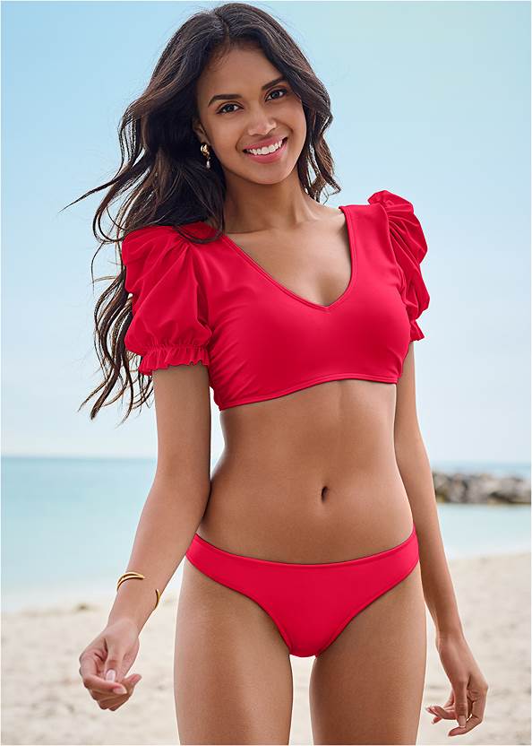Puff Sleeve Top,Classic Low-Rise Bottom ,Classic Scoop Front Bottom ,Sally Mid-Rise Bottom,Goddess Scoop Front Bottom,Lovely Lift Wrap Bikini Top,Mid-Rise Board Short