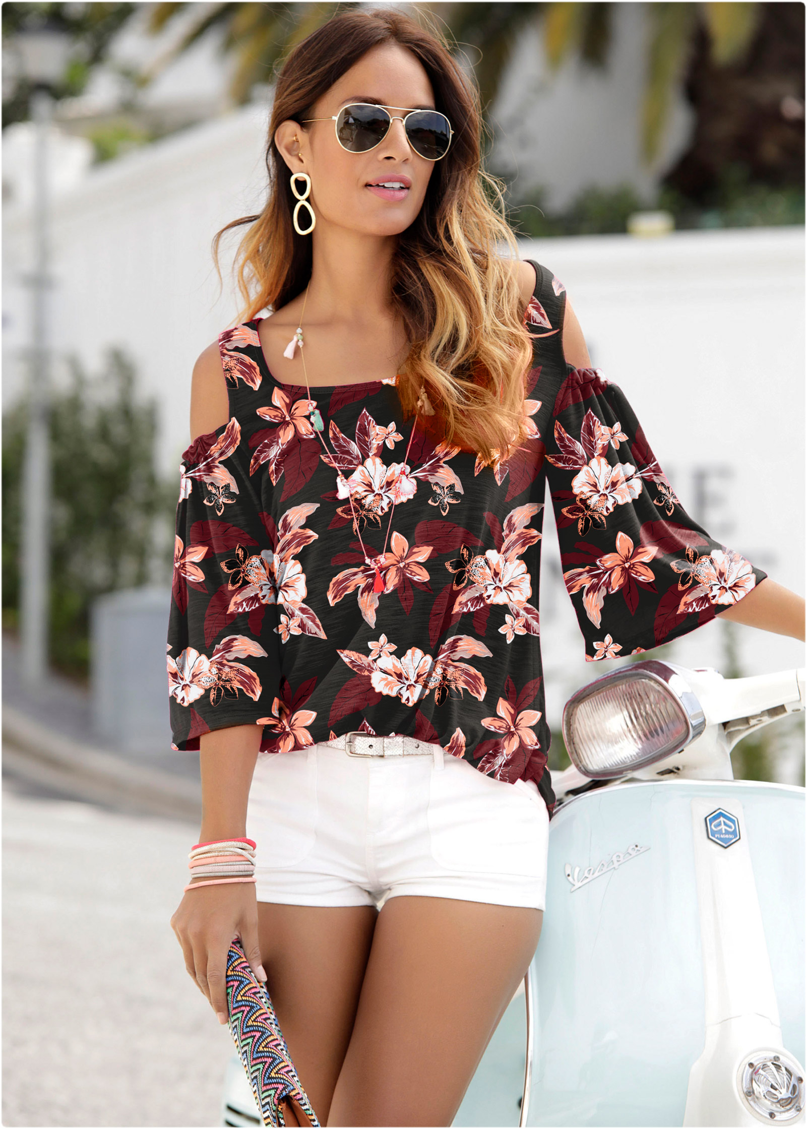 PRINTED COLD SHOULDER TOP in Black Multi VENUS