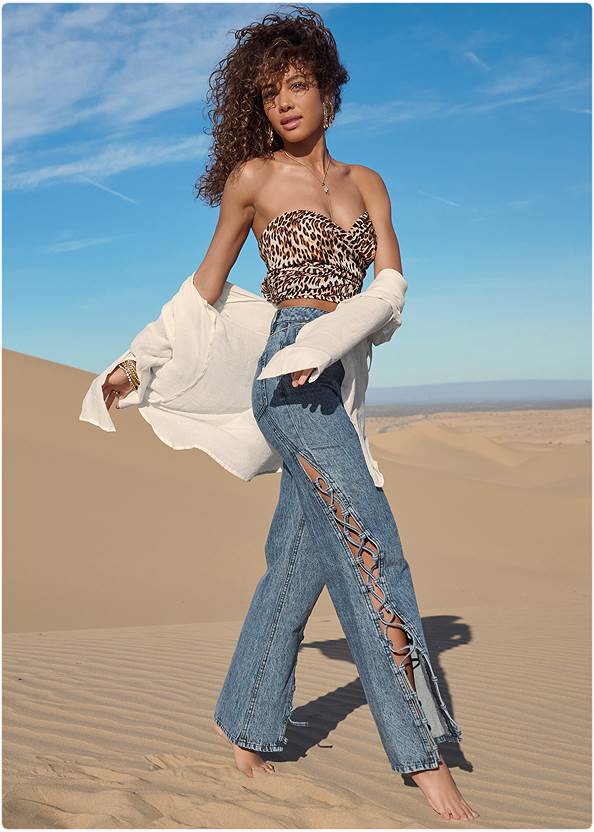 Lace-Up Wide Leg Jeans,Button Down Cover-Up Shirt,Off-The-Shoulder Top,Floral Cold-Shoulder Top,Western Block Heel Booties,Chain Buckle Booties,Leopard Scarf Set,Tassel Hoop Earrings,Embellished Clutch