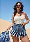Front View Frayed Ruffle Jean Shorts