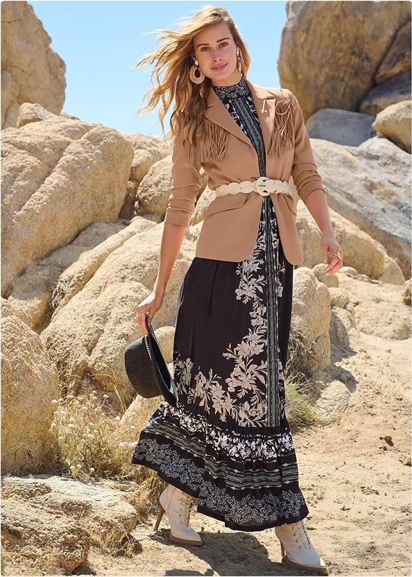 Front View Printed Mock-Neck Maxi Dress