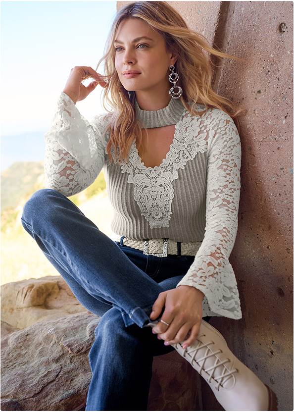 Lace Detail Ribbed Top,Bootcut Jeans,Mid-Rise Skinny Jeans,Ripped Skinny Jeans,Pearl By Venus® Strapless Bra,Pointy Toe Lace-Up Booties,Lace-Up Tall Boots,Whipstitch Peep Toe Booties,Hammered Metal Hoop Earring,Fringe Bucket Bag,Square Buckle Braided Belt