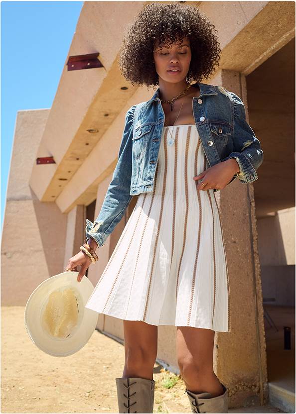 Cropped Puff Sleeve Denim Jacket,A-Line Sweater Dress,Watercolor Peplum Top,Triangle Hem Jeans,Sleeveless Ruched Bodycon Midi Dress,Lace-Up Tall Boots,Multi Color Stone Sandals,Mini Chain Croc Crossbody