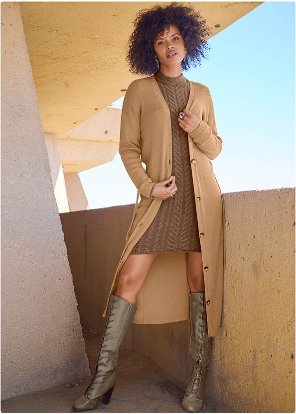 Button-Front Ribbed Duster,Open Back Sweater Dress,Shape Embrace Bodysuit,Western Buckle Wrap Boots,Lace-Up Tall Boots,Croc Embossed Buckle Belt,Hoop Earrings Set,Quilted Chain Handbag