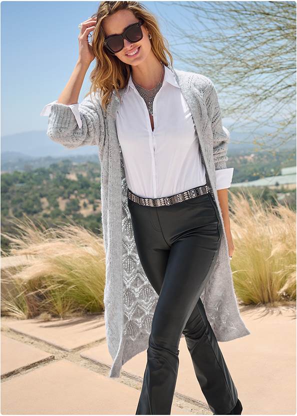 Cozy Open Knit Duster,Tailored Button-Up Shirt,Flare Faux-Leather Pants,Basic Cami Two Pack,Basic Leggings,Slim Jeans,Croc Faux-Leather Boots,Lace-Up Star Sneakers,Wrap Stitch Detail Booties,Boho Coin Bib Necklace,Rhinestone Tie Detail Belt,Clutch Shoulder Bag Combo
