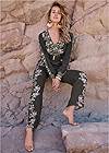 Full front view Leaf Print Smocked Jumpsuit