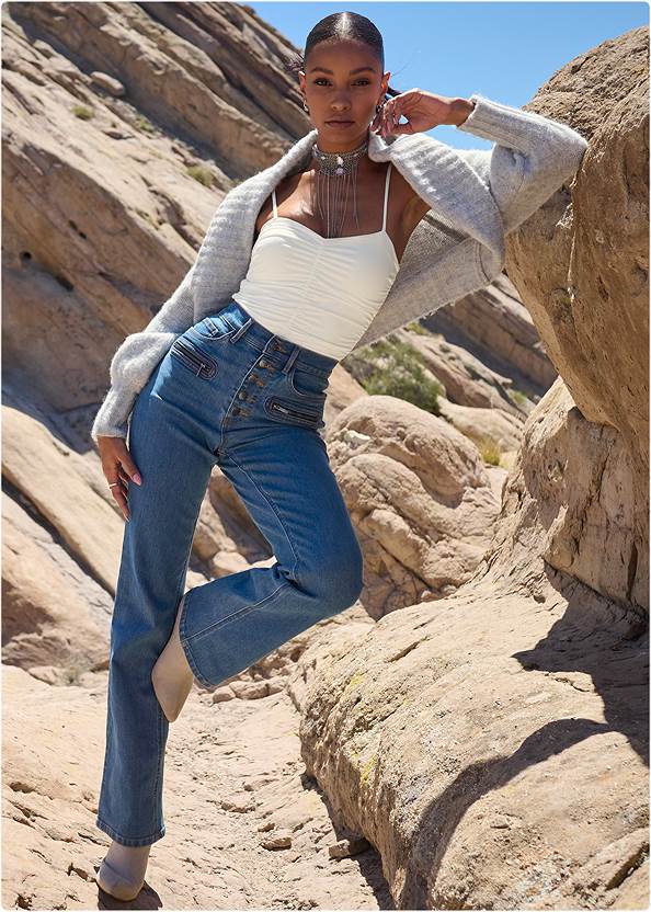Ribbed Knit Shrug,Hi-Def Ruched Bodysuit,Button Fly Relaxed Leg Jeans,Basic Cami Two Pack,Pintuck Semi-Flare Jeans,Triangle Hem Jeans,Croc Faux-Leather Boots,Faux-Suede Gladiator Heels,Pointy Toe Lace-Up Booties,Stone/Tassel Hoop Earrings,Boho Coin Bib Necklace