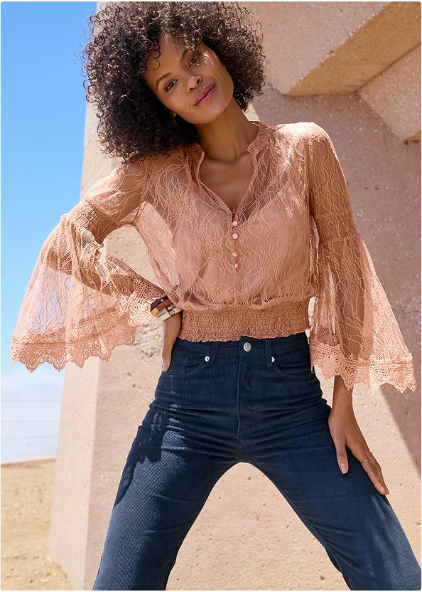 Cropped front view Lace Bell Sleeve Top