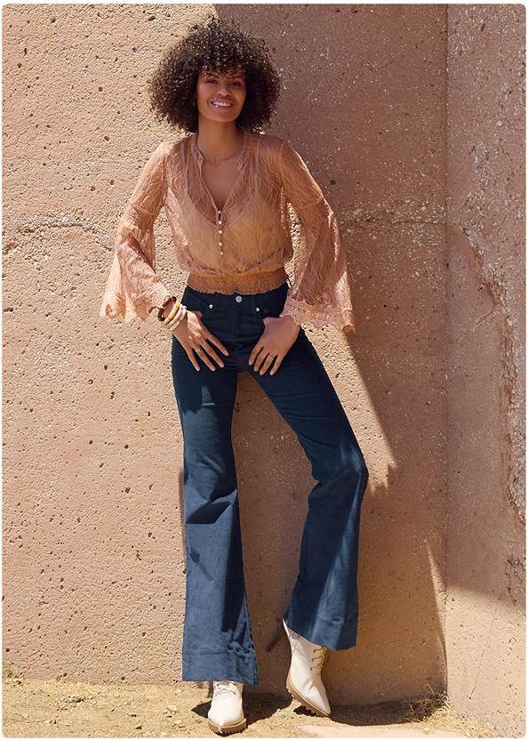 Corduroy Flared Pants,Lace Bell Sleeve Top,Hi-Def High-Neck Bodysuit,Hi-Def V-Neck Bodysuit,Pointy Toe Lace Up Booties,Boho Chandelier Earrings,Studded Round Crossbody
