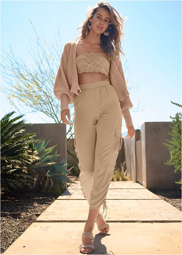Lightweight Cargo Pants,Natural Beauty Lace Bandeau,Wrap Balloon Sleeve Sweater,Braided Double Strap Mules,Mixed Earring Set,Quilted Chain Handbag