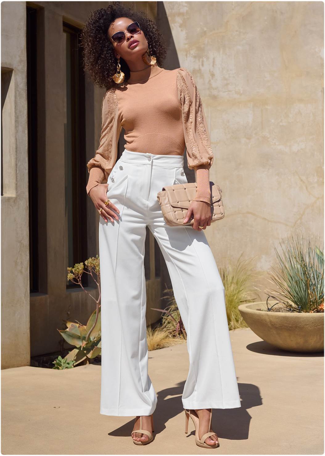 Pleated Wide Leg Pants in Off White | VENUS