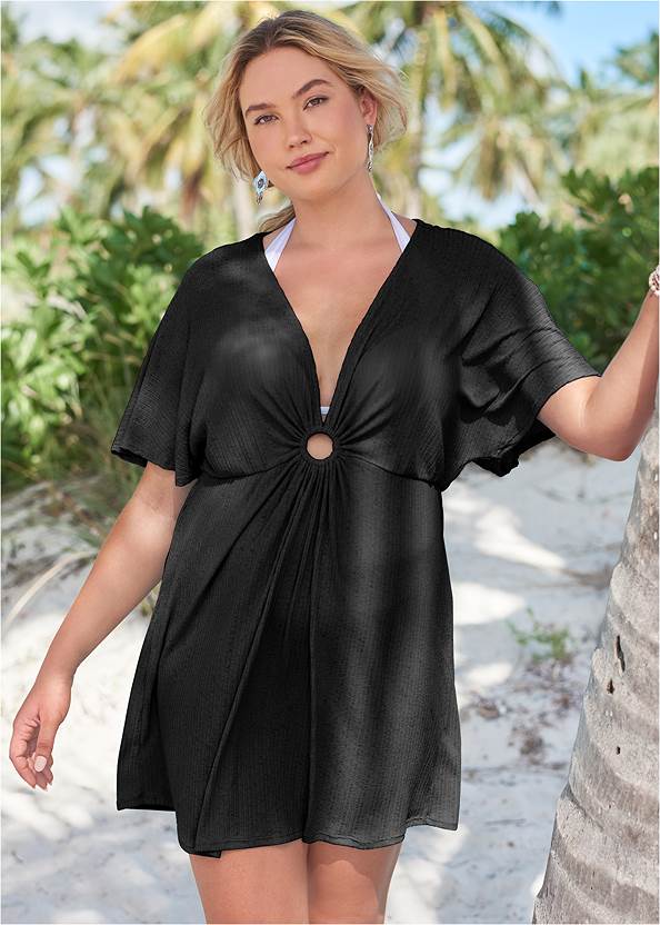 Ring Front Dolman Cover-Up,Push-Up Halter Top,Volley High-Waist Bikini Bottom,Crisscross One-Piece,Deep V Cover-Up Tunic,Jeweled Gladiator Sandals