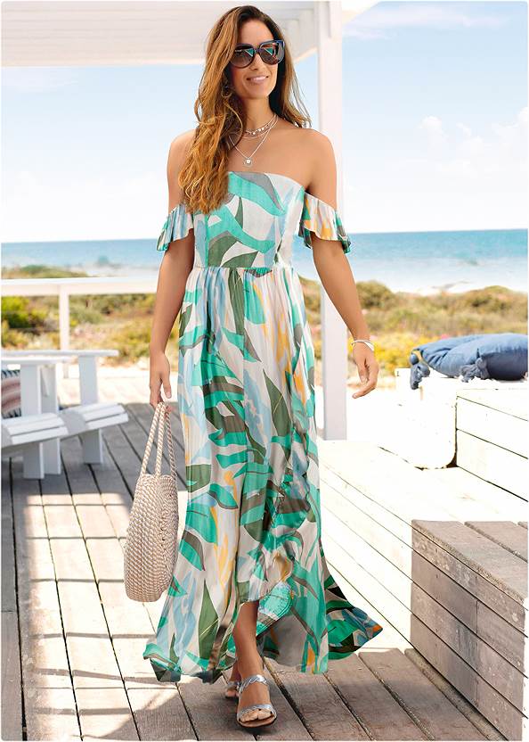 Off-The-Shoulder Maxi Dress,Braided Strappy Cork Wedges,Braided Platform Heels,Two-Pack Hoop Earrings Set,Striped Rope Shell Tote Bag