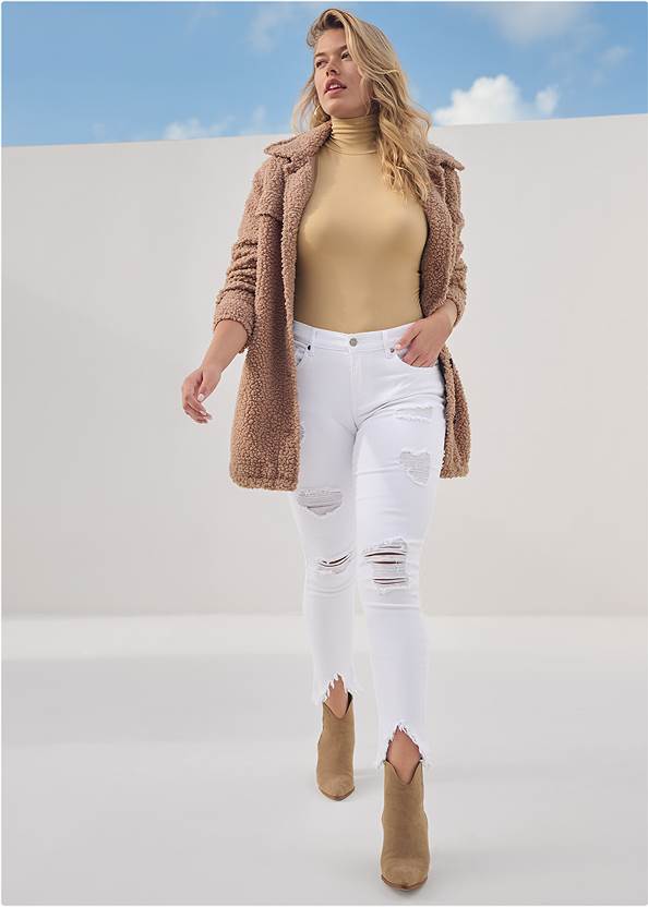 Long Line Faux Fur Shacket,Mock-Neck Seamless Top,Basic Cami Two Pack,Triangle Hem Jeans,Skinny Jeans