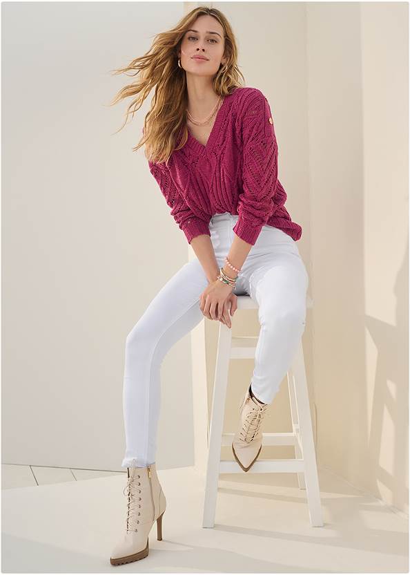 Cable Knit V-Neck Sweater,Bum Lifter Jeans,Mid-Rise Skinny Jeans,Slit Detail Bootcut Jeans,Pointy Toe Lace-Up Booties,Ruched Peep Toe Booties,Hoop Earrings Set,Faux Leather Saddle Bag