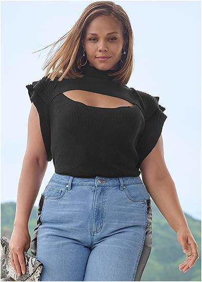 Plus Size Flutter Sleeveless Ribbed Sweater