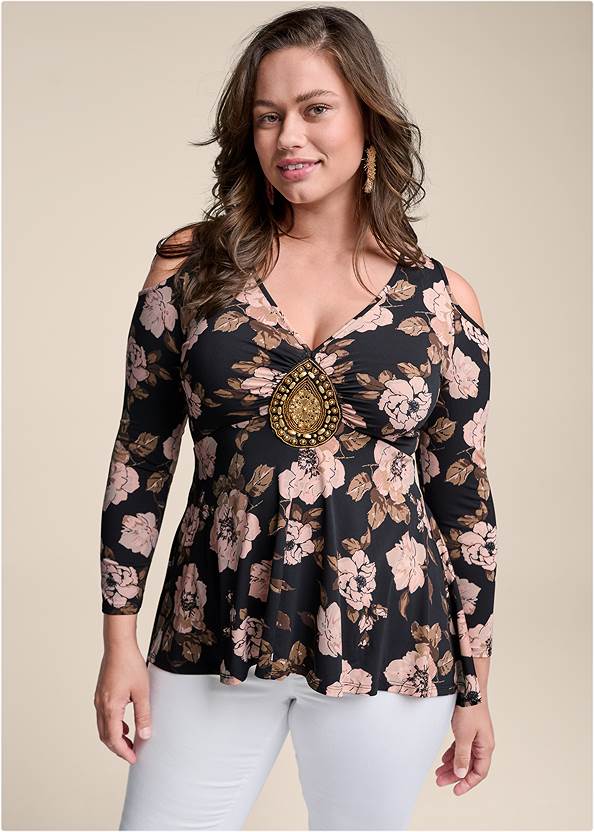 Cropped Front View Floral Embellished Top
