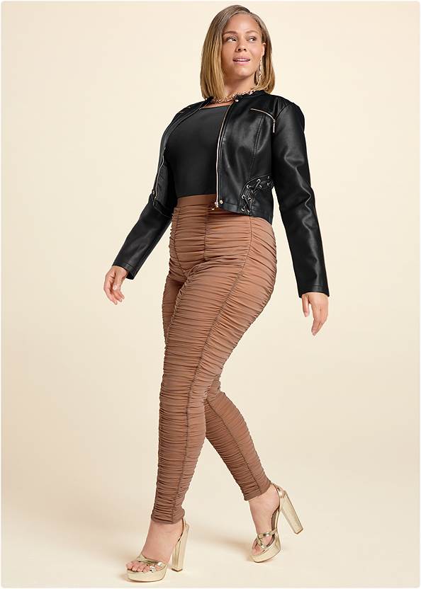 High-Waist Ruched Leggings,Faux-Leather Lace-Up Jacket,Off-The-Shoulder Top,Block Heel Platform Sandals,Chain Link Jewelry Set