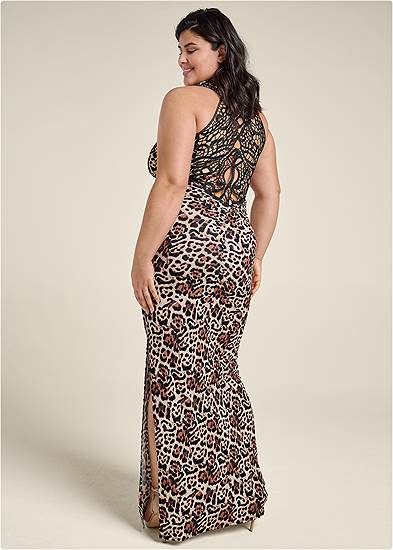 Plus Size Crochet Back Leopard Dress
